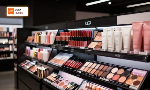 Ulta Beauty Earnings reaction illustrated by premium makeup products in a sleek retail display