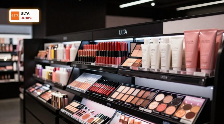 Ulta Beauty Earnings reaction illustrated by premium makeup products in a sleek retail display