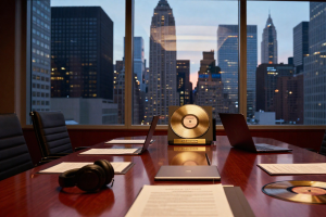 Universal Music Group Acquisition concept with boardroom, legal documents and gold record symbolizing $65B deal.