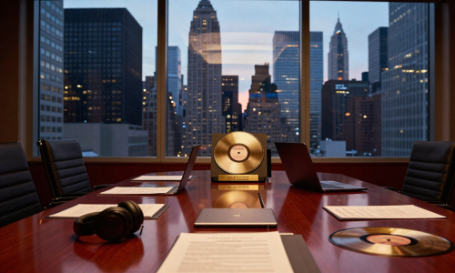Universal Music Group Acquisition concept with boardroom, legal documents and gold record symbolizing $65B deal.