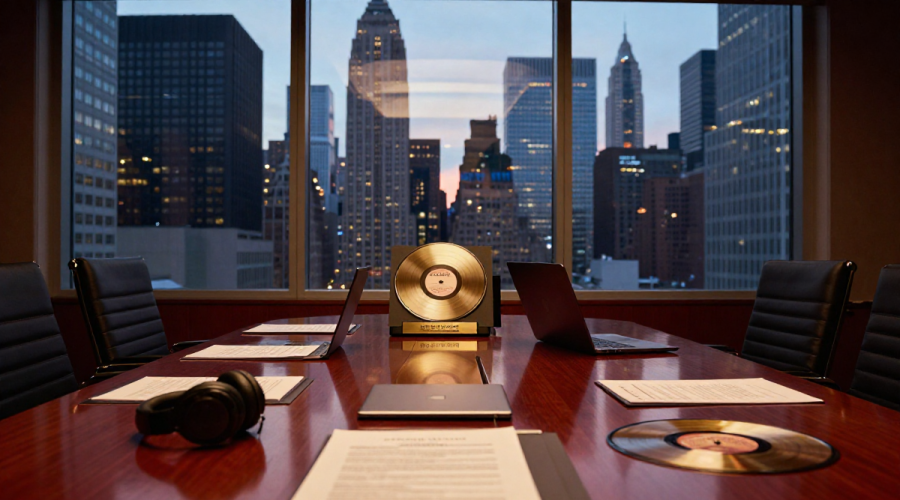 Universal Music Group Acquisition concept with boardroom, legal documents and gold record symbolizing $65B deal.
