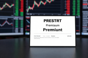 Premium Stock certificate on dark desk with volatile market screen in background