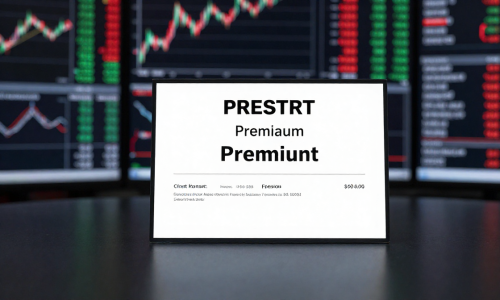 Premium Stock certificate on dark desk with volatile market screen in background