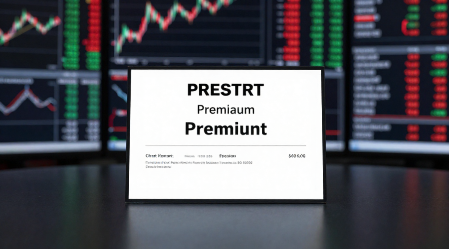 Premium Stock certificate on dark desk with volatile market screen in background