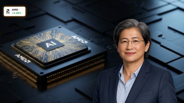An advanced AMD AI microchip on a circuit board representing AMD Stock growth.