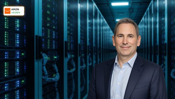 A high-tech data center server room representing the growth of AWS and Amazon Stock.