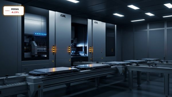 Advanced EUV lithography machine in a cleanroom, related to ASML Stock.