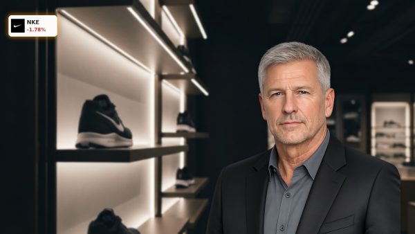 A premium retail sneaker display wall highlighting Nike stock market shifts and wholesale strategy.