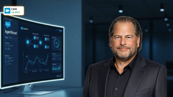 A futuristic Agentforce AI dashboard on a sleek screen in a dark office, highlighting Salesforce Stock.