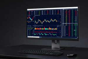 Premium trading desk with market screen highlighting Stock valuation and Fed risk theme