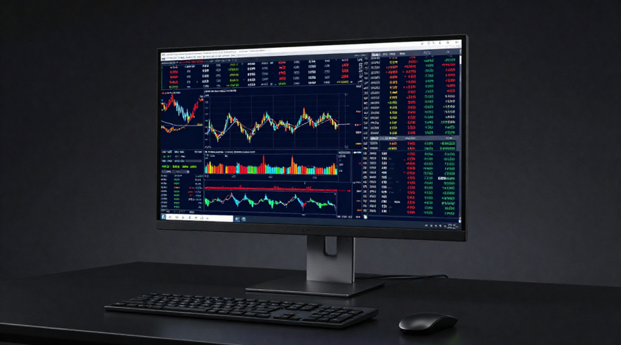 Premium trading desk with market screen highlighting Stock valuation and Fed risk theme