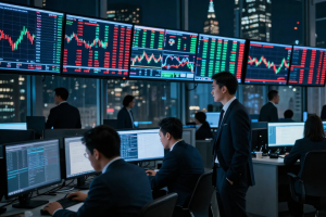 Global Stock market traders watch rising volatility on screens in a tense trading floor.