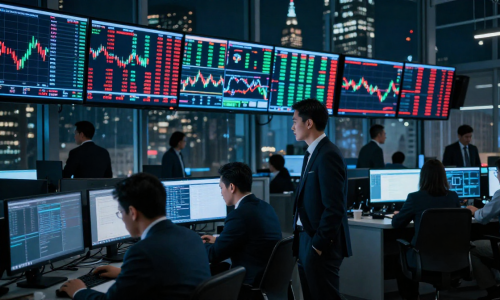 Global Stock market traders watch rising volatility on screens in a tense trading floor.