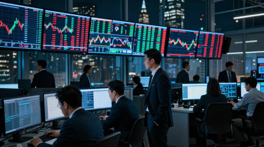 Global Stock market traders watch rising volatility on screens in a tense trading floor.