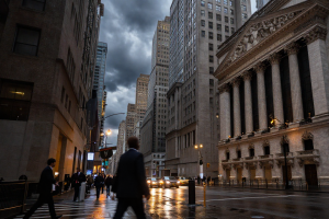 Wall Street financial district under dark clouds amid Stock market volatility