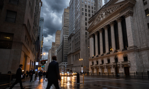 Wall Street financial district under dark clouds amid Stock market volatility