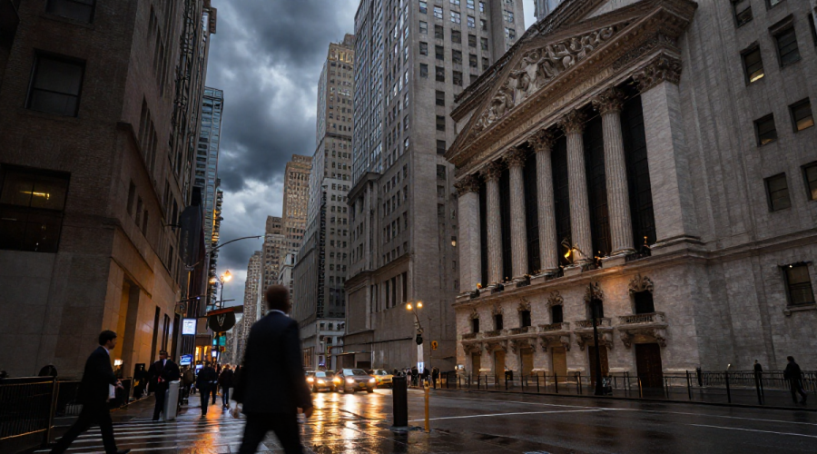 Wall Street financial district under dark clouds amid Stock market volatility