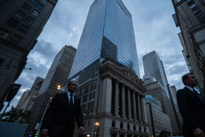 Wall Street financial district at dusk reflecting uncertainty in Stock market risk sentiment