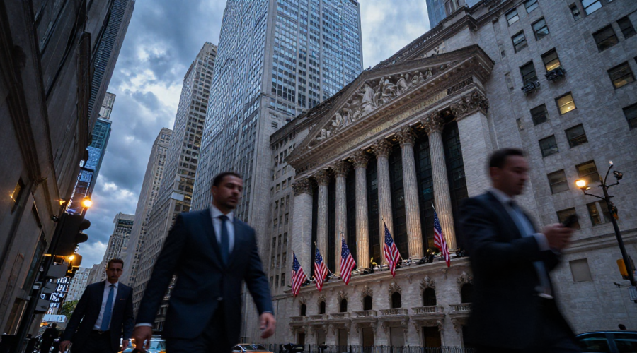 Wall Street financial district at dusk reflecting Fed-driven Stock volatility