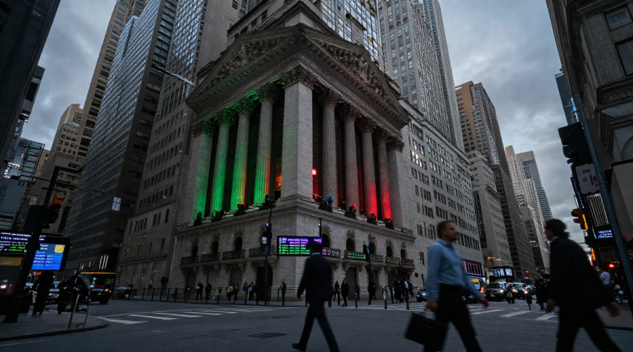Wall Street financial district at dusk reflecting choppy Stock market sentiment