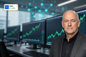 Bullish stock chart and AI data visuals symbolizing strong UnitedHealth Earnings and rising technology investment.