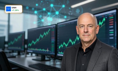 Bullish stock chart and AI data visuals symbolizing strong UnitedHealth Earnings and rising technology investment.