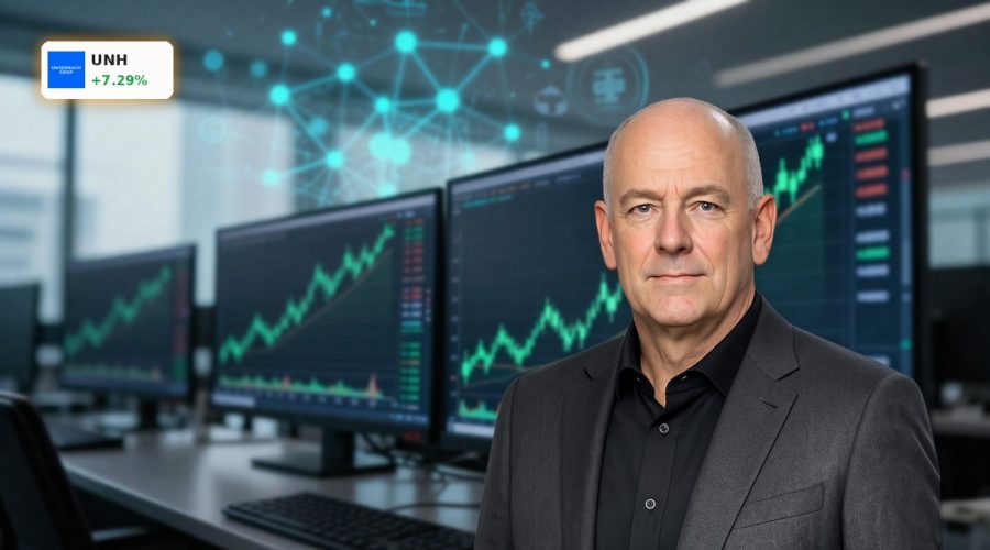 Bullish stock chart and AI data visuals symbolizing strong UnitedHealth Earnings and rising technology investment.