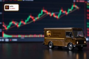 UPS Earnings reaction with premium UPS truck model against stock market screen backdrop