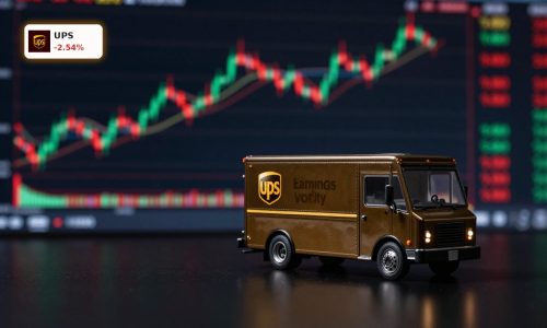 UPS Earnings reaction with premium UPS truck model against stock market screen backdrop