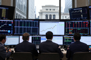 Traders react to weak US Labor Market February data on screens at a New York trading floor
