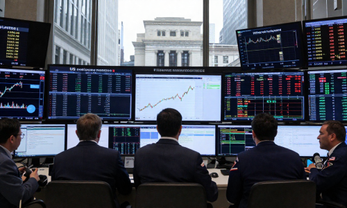 Traders react to weak US Labor Market February data on screens at a New York trading floor
