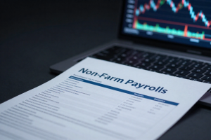 US Labor Market Analysis concept with NFP report and trading screen