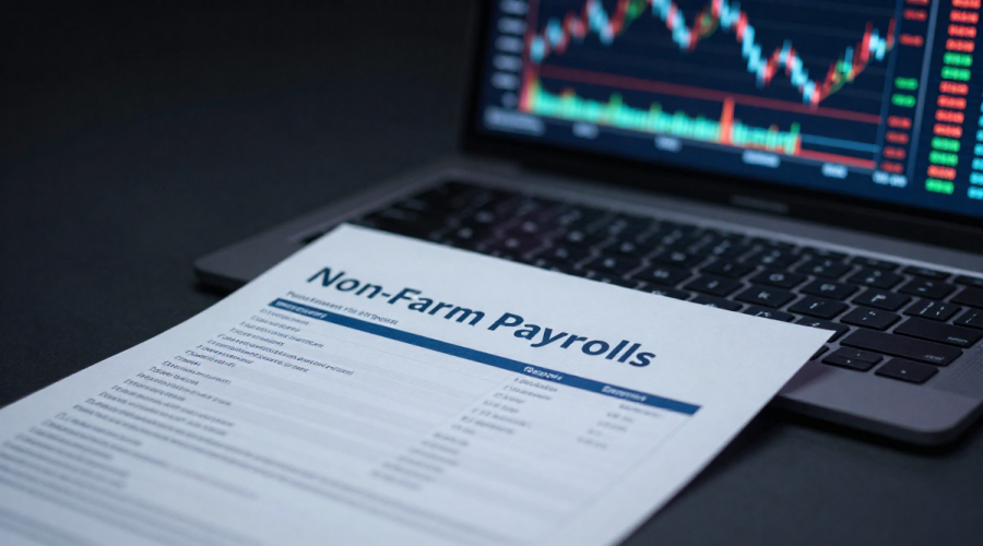 US Labor Market Analysis concept with NFP report and trading screen