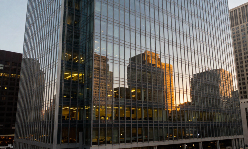 Modern US corporate headquarters at sunset symbolizing US Labor Market Analysis and jobless expansion
