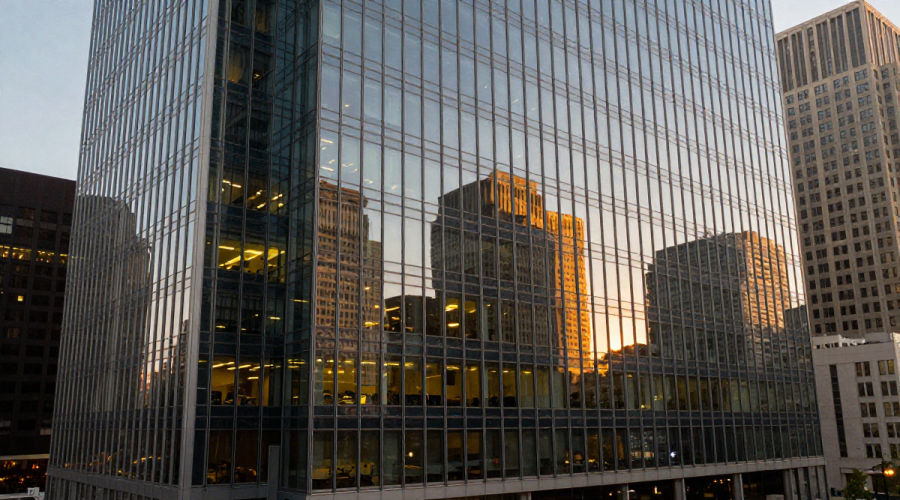 Modern US corporate headquarters at sunset symbolizing US Labor Market Analysis and jobless expansion