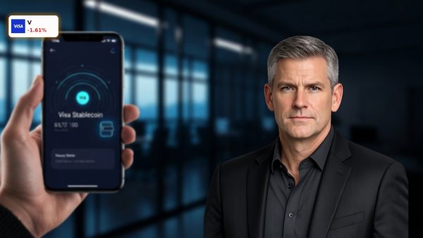 Visa Stablecoin digital wallet interface on a premium smartphone in a modern financial setting.