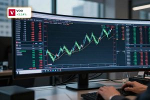 Trading desk with rising S&P 500 chart reflecting Vanguard S&P 500 ETF Strategy rally