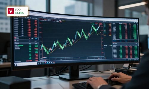 Trading desk with rising S&P 500 chart reflecting Vanguard S&P 500 ETF Strategy rally