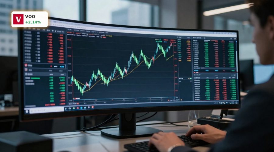 Trading desk with rising S&P 500 chart reflecting Vanguard S&P 500 ETF Strategy rally