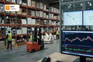 Wayfair News Analysis on stock volatility shown through a busy online furniture warehouse and logistics center scene
