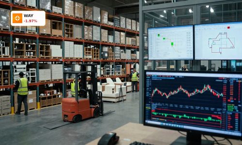 Wayfair News Analysis on stock volatility shown through a busy online furniture warehouse and logistics center scene