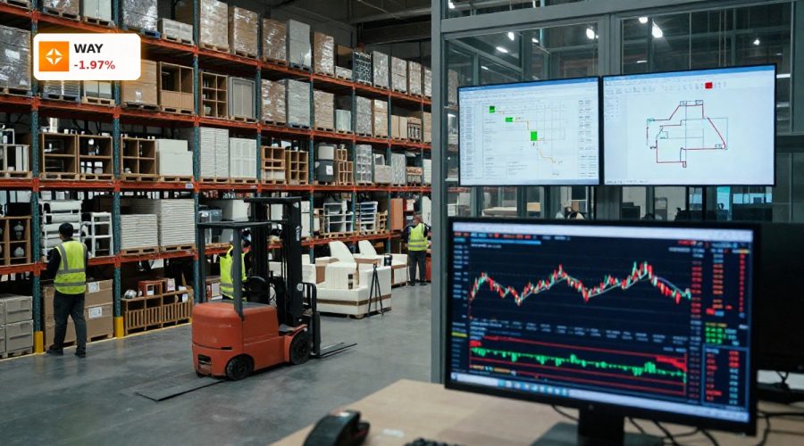 Wayfair News Analysis on stock volatility shown through a busy online furniture warehouse and logistics center scene