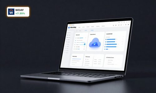 Workday AI Strategy concept with enterprise HR and finance assistant on laptop in dark premium product scene