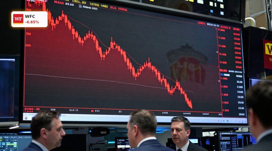 Wells Fargo Earnings reaction with WFC stock chart turning lower on margin concerns in a modern trading floor setting.