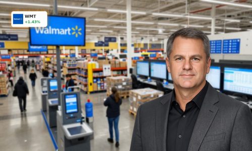 Walmart Forecast visualized by a high-tech store and automated logistics blending retail and AI
