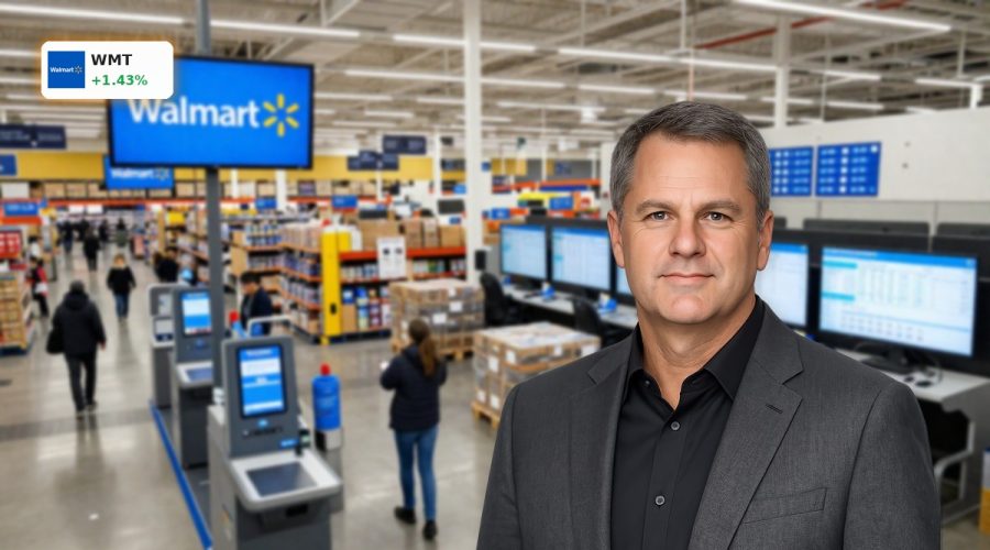 Walmart Forecast visualized by a high-tech store and automated logistics blending retail and AI