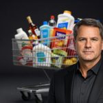 Walmart Earnings focus on shopping cart with groceries and household goods in premium studio lighting