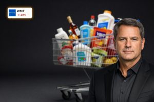 Walmart Earnings focus on shopping cart with groceries and household goods in premium studio lighting