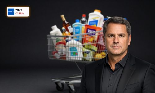 Walmart Earnings focus on shopping cart with groceries and household goods in premium studio lighting