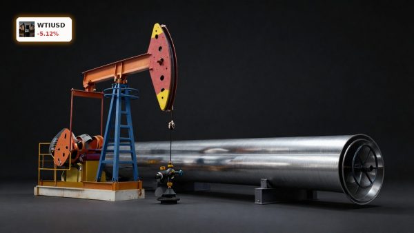 WTI Crude Oil Hormuz barrel and pipeline on dark background as reopening hopes pressure oil prices